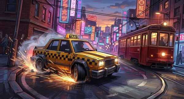 Crazy Cab City: a yellow taxi drifting past a tram on a neon-lit street