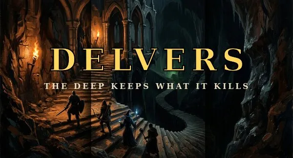 Delvers: title screen of a torch-lit dungeon crawler
