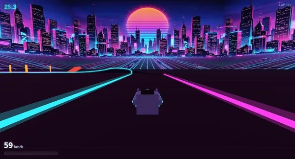 Driftwave: a car racing down a synthwave neon track toward a sunset