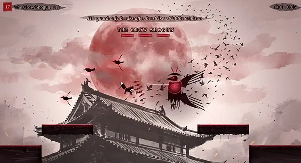 Foxblade: a pagoda under a red moon with crows in the sky