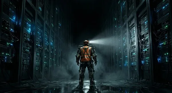 Graveshift: a figure with a headlamp in a dark server room