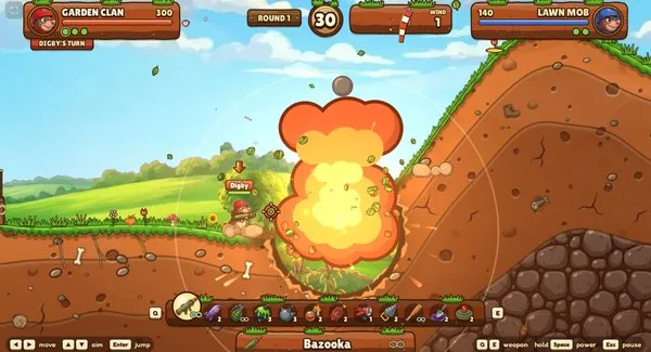 Mole Mayhem: an explosion on a hillside in a turn-based artillery game