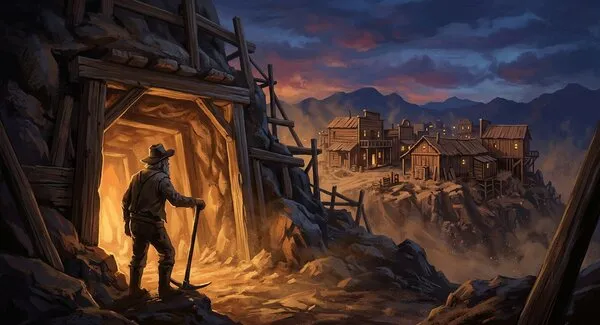 Motherlode: a miner with a lantern at the mouth of a mine at dusk