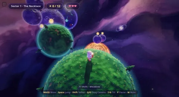 Pocket Cosmos: a tiny green planet floating in a purple nebula
