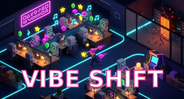 Vibe Shift: an isometric neon office full of tiny workers